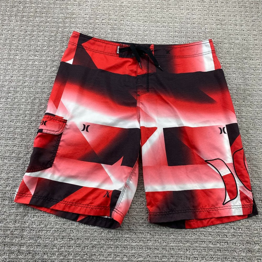 Hurley Swim Trunks Men 36 Red Black Bathing Suit Board Shorts Embroidered Logo